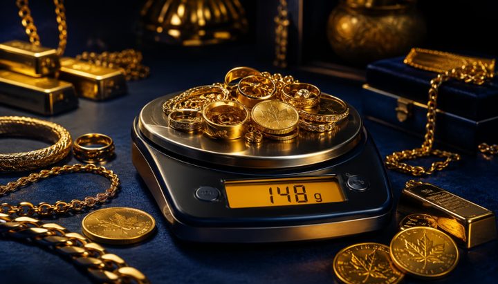 Gold jewellery and coins weighed on a precision scale — FairGold Montreal