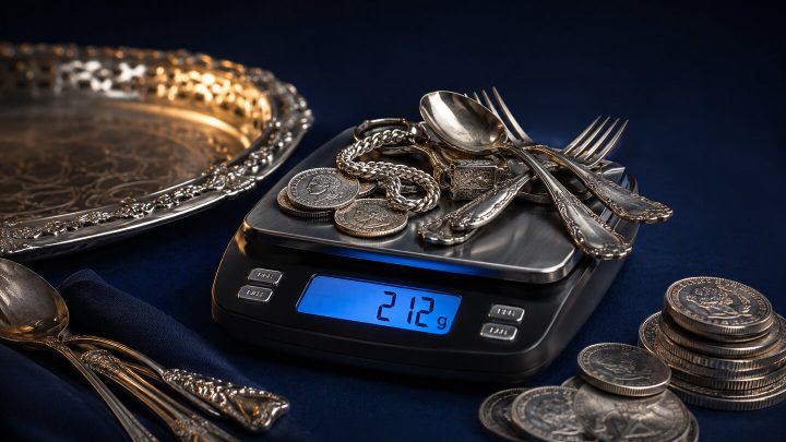 Antique sterling silverware, coins and a serving tray weighed on a digital scale at FairGold Montreal